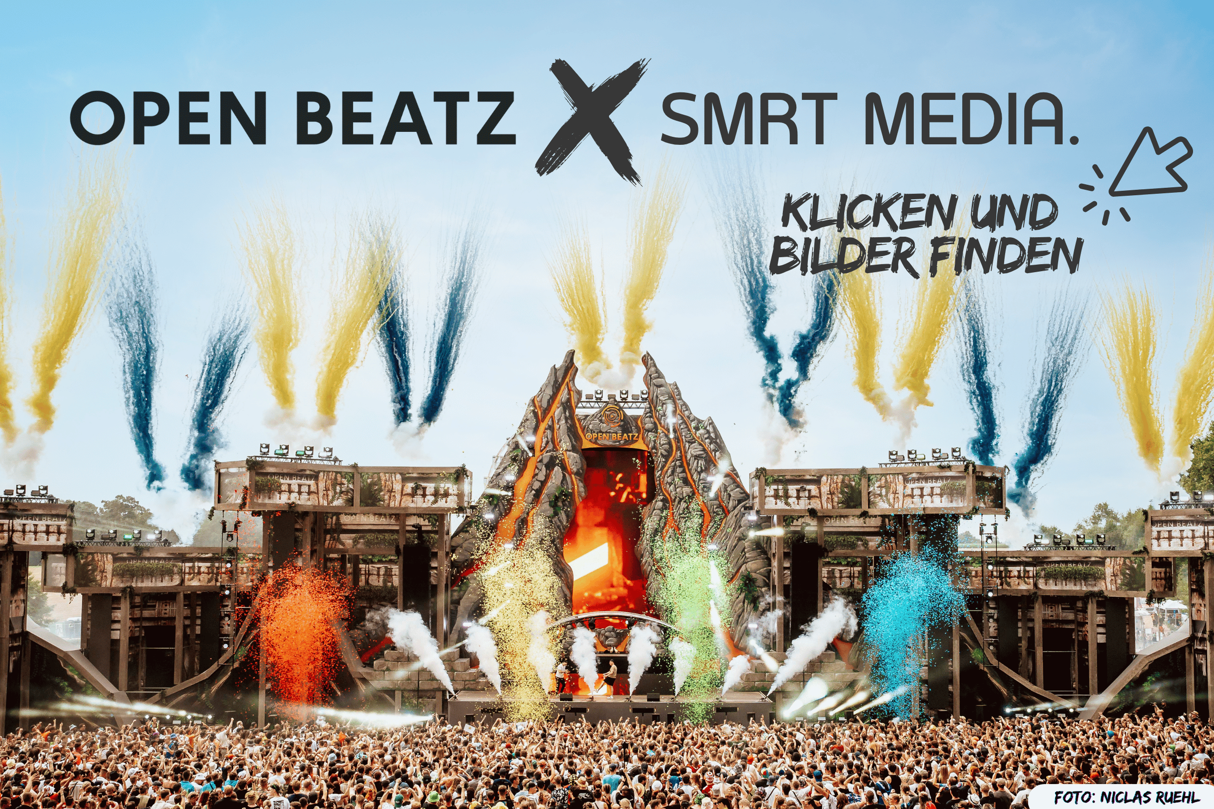 Bild einer großen Festivalbühne. Titel: Open Beatz x Smrt Media : Klicken und Bilder finden